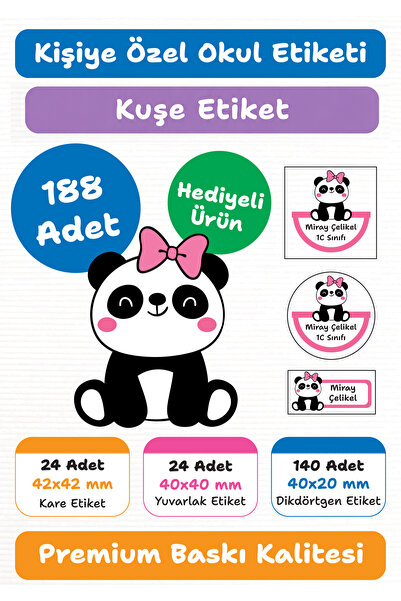 repro design Panda Temalı 188 Adet Kişiye Özel Okul Etiketi Kalem Defter Kita...
