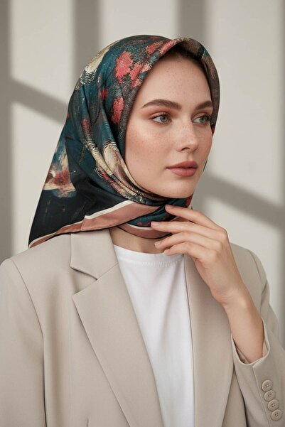Vissona %100 Twill İpek Yağlı Boya Çiçek Desenli Petrol Yeşili Renkli 90x90 E...