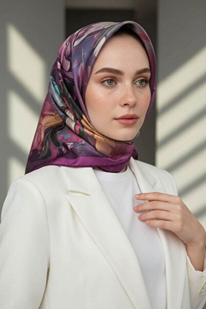 Vissona 100% twill silk smoky floral pattern plum color 90x90 scarf edge stit...