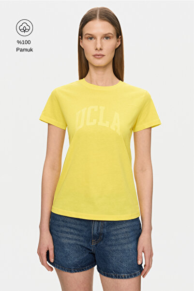 UCLA Isolde Light Yellow Crew Neck Glitter Printed Standard Fit Women's Tshirt