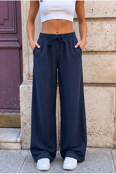 alanora Beli Linen Blend Summer Palazzo Trousers with Rubber Detail