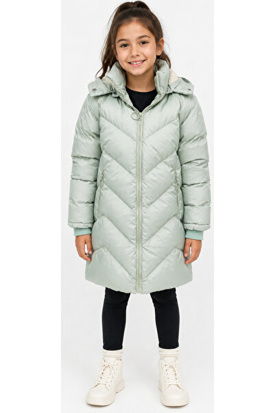 İrem Çocuk Giyim Girl's Mint Green Hooded V Patterned Plush Lined Zipper Pock...