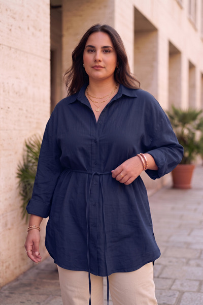 CHUL Plus Size Women's Thin Gabardine Linen Oversized Shirt with Belt - Navy ...