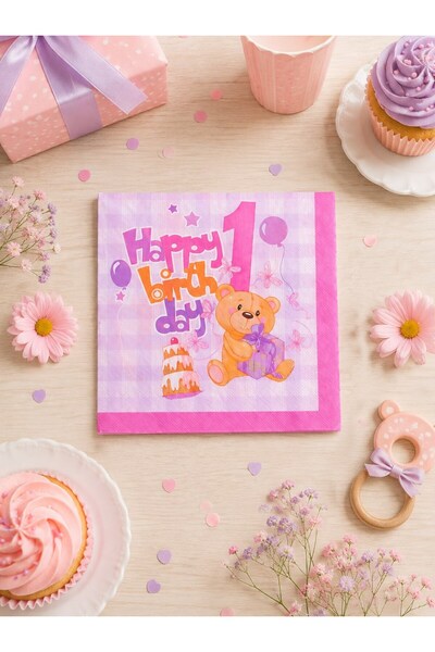 Parti Adresi 1 Yaş Peçete Happy Birthday Yazılı Kız Çocuk Peçete Pembe