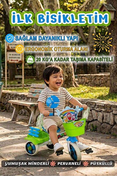 Fiesta Yeşil-Mavi 3 Tekerli YUMUŞAK MİNDERLİ PERVANELİ PÜSKÜLLÜ Çocuk bisikleti 2026 Yeni Sezon
