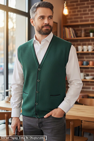 Kamalı Men's Nefti V-Neck Knitwear Buttoned Pocket Striped Patterned Regular ...