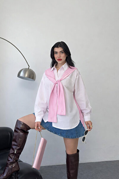 ribana Women's Scarf Detail Long Sleeve Terry Cotton Striped Shirt 3201
