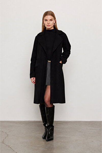 SevdeUgur Women Black Long Lined Melton Coat / Collection