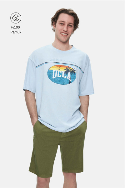 UCLA AIRE Sky Blue Crew Neck με τύπωμα 100% Βαμβάκι oversized Ανδρικό T-shirt