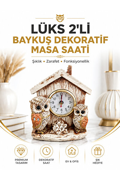 e-life shop Lüks 2'li Baykuş İşlemeli Dekoratif Biblo Masa Saati Ev Ofis Yeni...