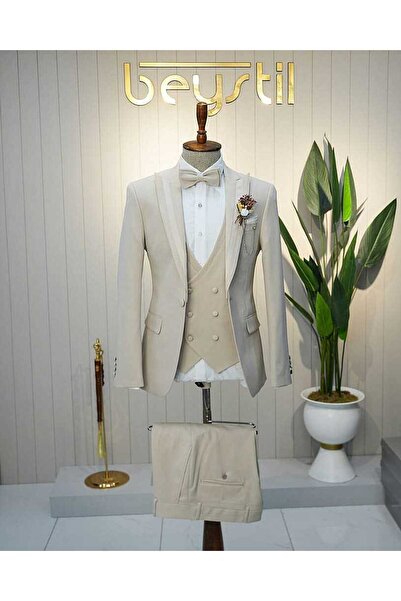 Beystil Erkek Krem Slimfit Yelekli Damatlık & Smokin 20103