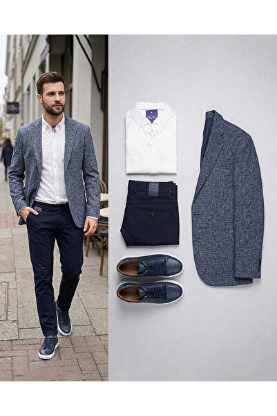 Beystil Erkek Lacivert Slim Fit Düz Keten Pantolon