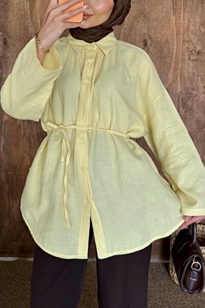 HYWONA Women's 100% Cotton Muslin Oversize Hijab Shirt Tunic Lemon Yellow