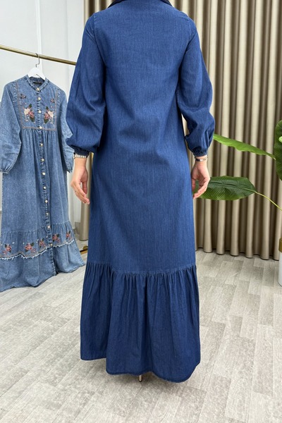 Mercan Ulvi̇ye Dress Light Blue Denim Dress with Embroidery Detail and Buttons Relaxed Fit