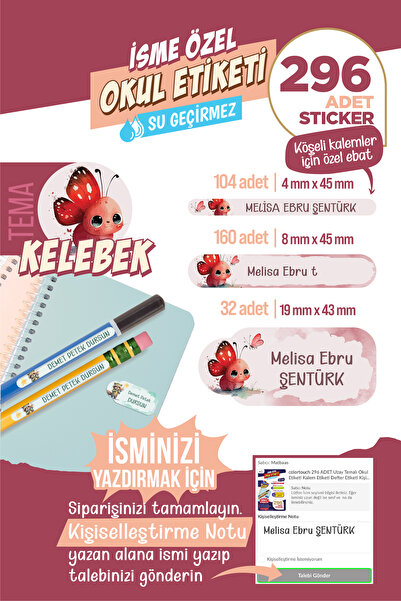 colortouch 296 ADET Kelebek Temalı Okul Etiketi Kalem Etiketi Sticker Defter ...