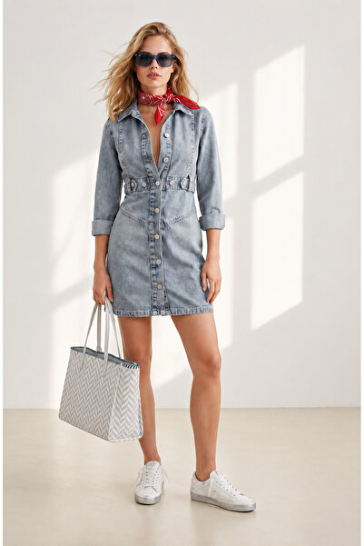 Olalook Women's Blue Waist Detailed Mini Denim Dress Elb-19002677