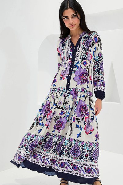 Merterium Women's Patterned Hijab Dress Navy Blue Purple 1010