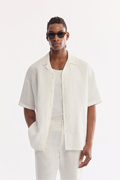 Avva Men's White Cuban Collar 100% Linen Relaxed Cut Oversize Fit Short Sleev...