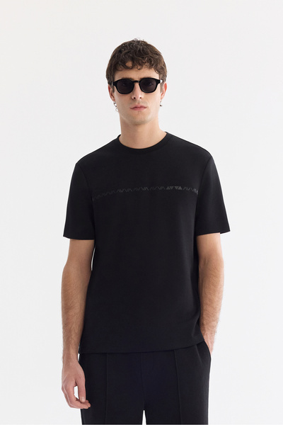 Avva Men's Black Crew Neck Printed Viscose Blended Bi-Stretch Interlock Regul...