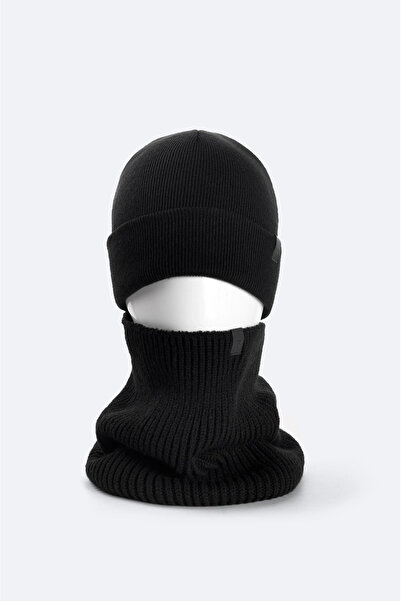 Avva Men's Black Basic Neck Collar and Beanie Set A52Y9260