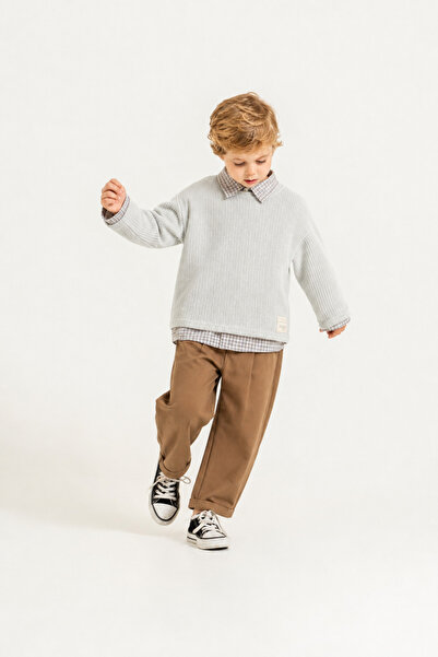 Jikko Baby Boy's Knitwear Sweater Checkered Shirt Trousers 3-Piece Set 9105