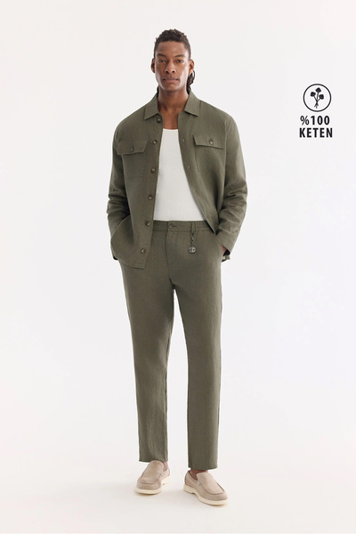 Avva Erkek Haki Beli Lastikli %100 Keten Relaxed Fit Pantolon B003032