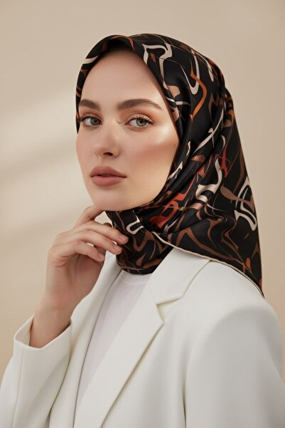 Vissona %100 Twill İpek Soyut Geometrik Desenli Taba - Sütlü Kahve Renkli 90x...