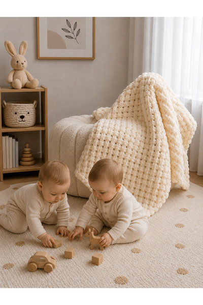 Custom Baby El Örgüsü Bebek Battaniyesi Hasır model - Alize Puffy İpten Yumuşak Dokulu Çocuk Battaniyesi Bebek Hediyesi