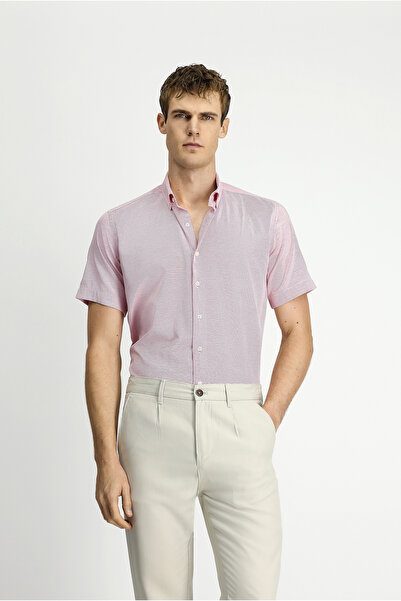 Kiğılı Short Sleeve Regular Fit Pocketed Button Collar Patterned Cotton Shirt