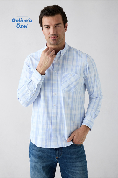 Kiğılı Long Sleeve Regular Fit Buttoned Collar Cotton Easy-Iron Plaid Shirt