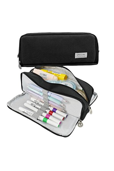 Choice black Pencil Case Large Space Storage 3 Compartment Pouch Double Side ...