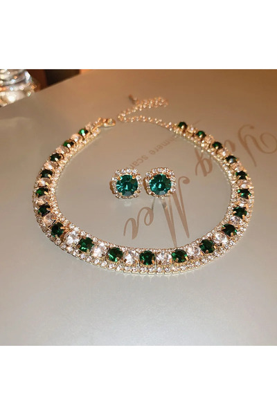 Choice Dark green Women's Rhinestone Decorated Necklace & EarringsTrendy Jewe...