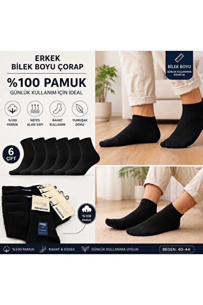 EMRE ÇORAP 6 Çift Erkek %100 Pamuklu Patik Çorap Siyah – Yumuşak, Rahat ve Ko...