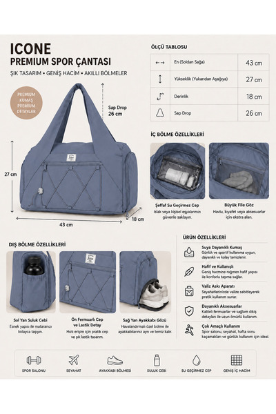 ICONE BAG Women's Sports and Yoga Bag – Multi-Pocket, Shoe Compartment, Rubber Detail, Front Zipper Pocket