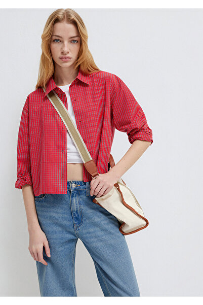 Mavi Ekose Kırmızı Crop Gömlek Loose Fit / Bol Rahat Kesim 1211401-83904