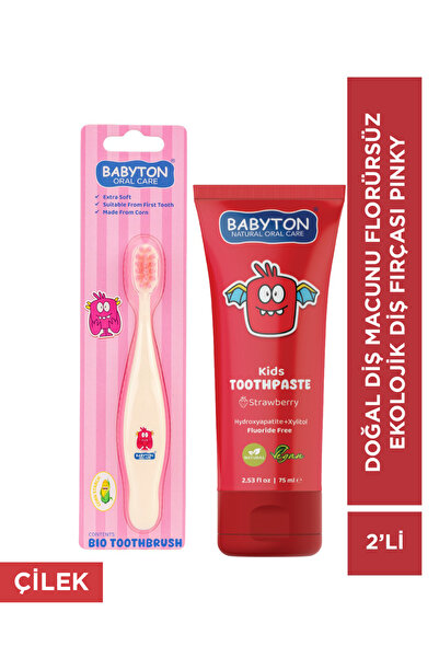 BABYTON Doğal Çilek Diş Macunu Florürsüz - Ekolojik Diş Fırçası Pinky