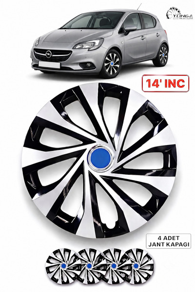 YONGA OTO AKSESUAR OPEL CORSA 14 İnç Jant Kapağı 4'lü Set Siyah Gümüş + 4 Amb...