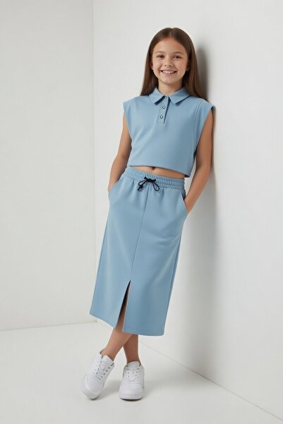 Cansın Mini Ανοιχτό μπλε σετ για κορίτσια με μπλούζα με μηδενικά μανίκια, κον...