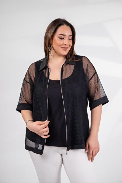 Roxxlen Women's Plus Size Mesh Detailed Double Jacket Set