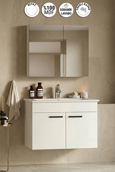 ÖZCEDEN Petunya 80 cm Beyaz MDF Seramik Lavabolu Asma Banyo Dolabı Takımı
