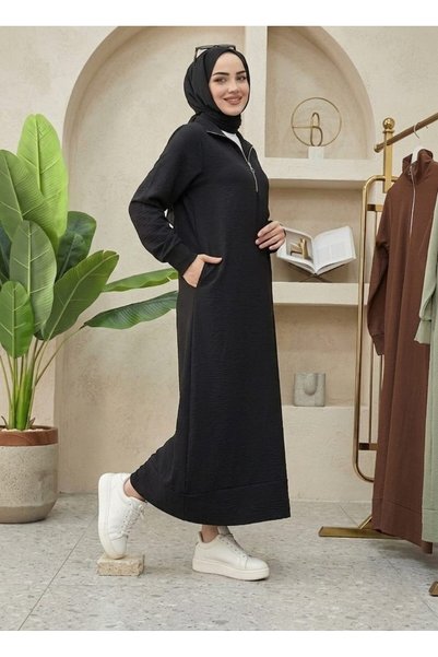MİSMOLY Lina Series Zippered Sport Long Hijab Dress with Pockets - Aerobin