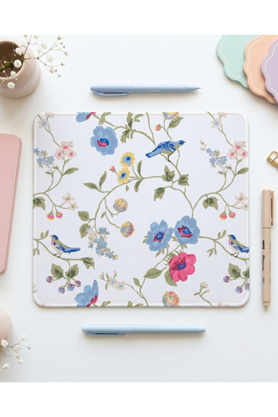 matizya Çiçek ve Kuş Desenli Kare Mousepad – Vintage Floral Estetik Tasarım, ...
