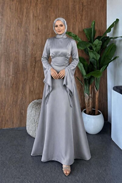 Şulemoda Giyim Βραδινό φόρεμα Moneva με σκίσιμο στα μανίκια, γκρι