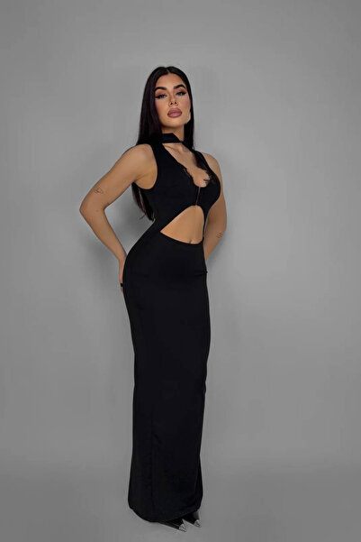 Love Fab Βασικό μακρύ φόρεμα με παραθυρωτό ντεκολτέ, σκίσιμο και αγκράφες