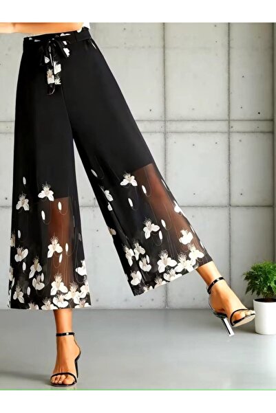 Kokosh moda Kadın Yüksek Bel Belde Kuşak Detaylı Çiçekli Astarlı Şifon Pantolon