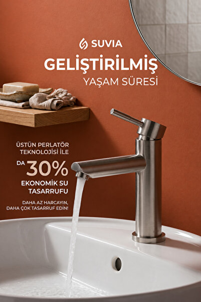 SUVİA Lüks Krom Lavabo Bataryası Tek Kollu Yüksek Gövde %30 Su Tasarruflu Per...