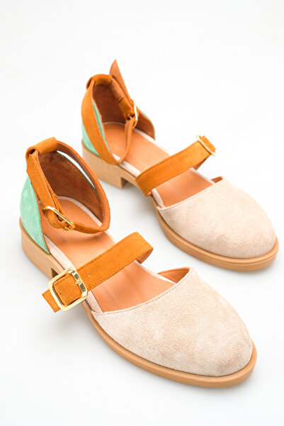 Ayakkabı Delisiyim Μπεζ σουέντ γυναικεία πέδιλα μπαλαρίνας με λουράκια και αγ...