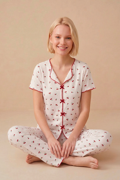 Bravie Σετ καλοκαιρινής πιτζάμας Alaçatı με μαλακό κοντό μανίκι και σχέδιο κε...