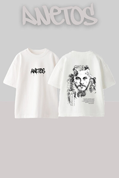 Anetos Tricou supradimensionat alb din bumbac cu imprimeu pe spate Ragnar Lot...