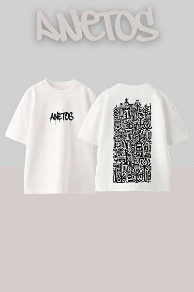 Anetos Tribal Art Design Βαμβακερό λευκό μπλουζάκι με στάμπα στην πλάτη